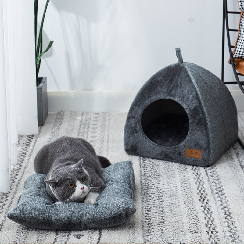 Plush Foldable Cat Bed Non-slip Kitten House Indoor