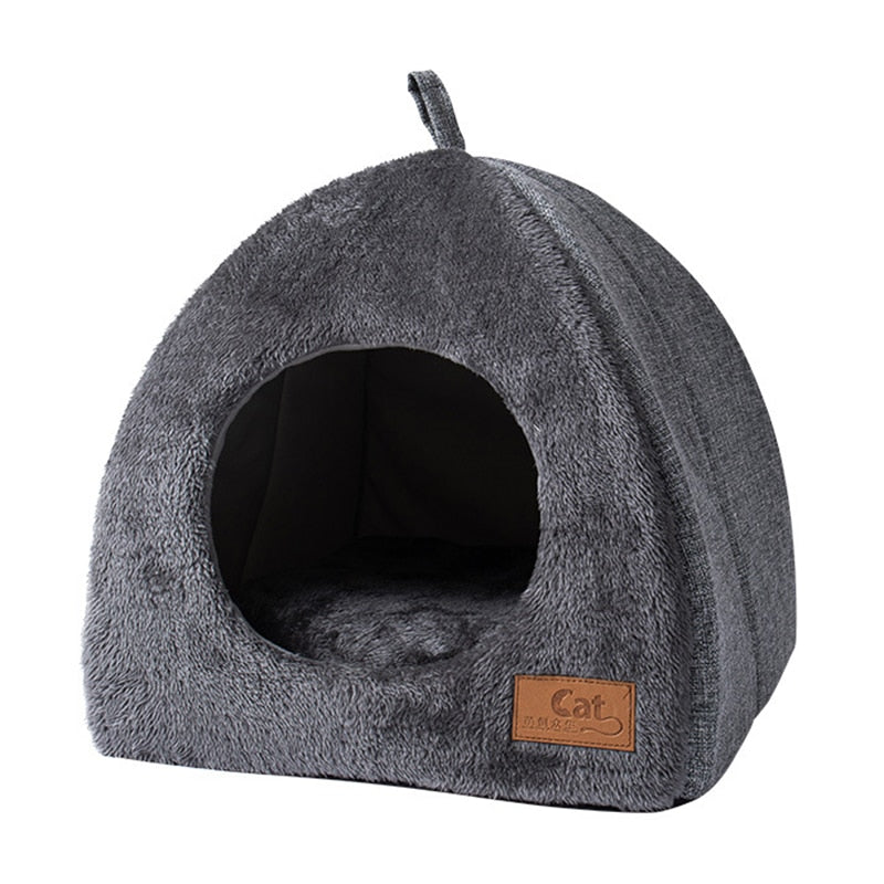 Plush Foldable Cat Bed Non-slip Kitten House Indoor